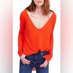 FP We The Free Catalina Long Sleeve Thermal Hot Orange Coral Shirt size small